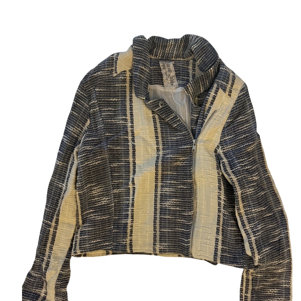 Sadie & Sage Navy Cream Striped Cotton Moto Jacket Asymmetrical Zip Small